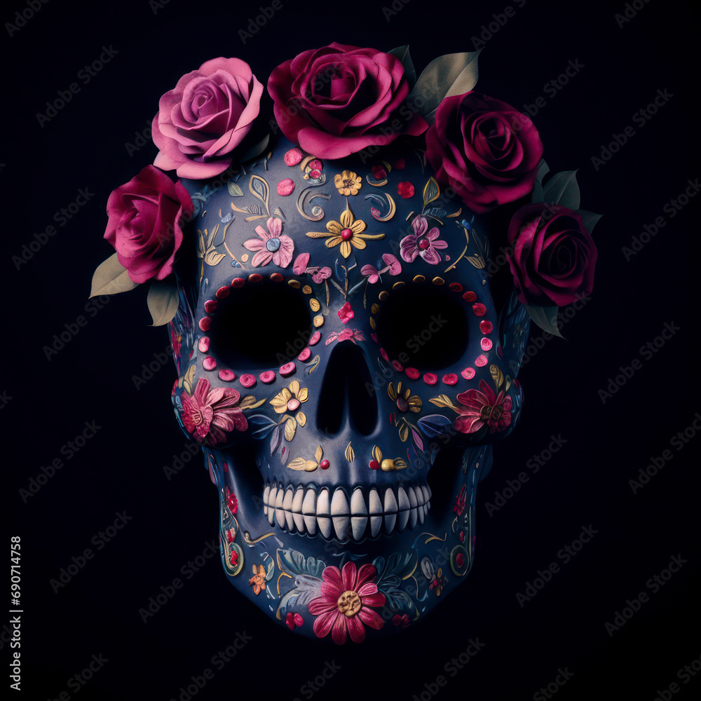 Photo of a Day of the Dead Floral Skull - Festive Design Inspiration on solid dark background. ai generative Photo of a Day of the Dead Floral Skull - Festive Design Inspiration on solid dark background. ai generative