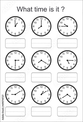 What time is it? worksheet with illustrations of clocks, hands, and numbers. Learning activities. Black and white, printable vector illustration