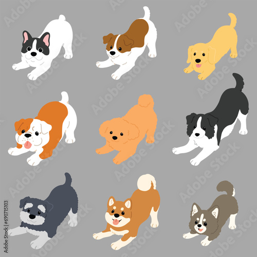 Simple and cute illustrations of adorable dogs being playful flat colored