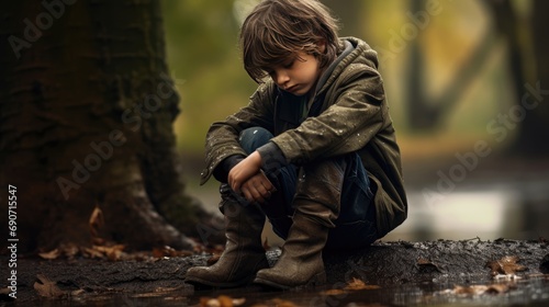 poignant image of a little boy, unhappy and alone amidst trees. Perfect for expressing childhood emotion and the power of solitude.