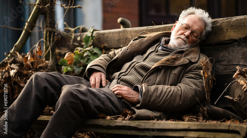 anziano signore con barba bianca addormentato su una panchina,  photo