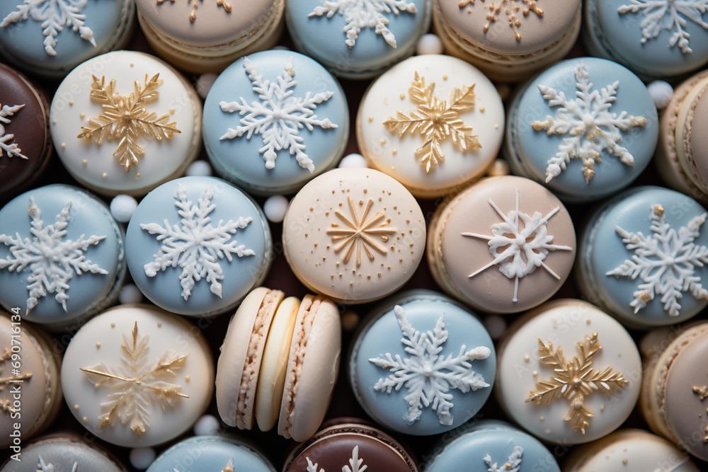 morning christmas macaron pattern in pastel, flat lay morning christmas macaron pattern in pastel, flat lay
