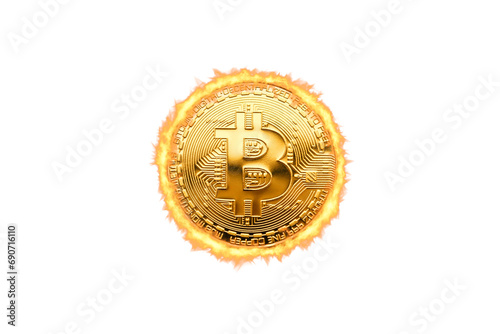 bitcoin coin in fire flames on transparent background