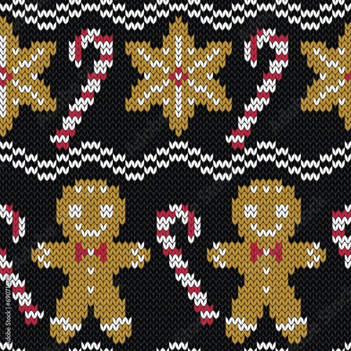 Gingerbread man and caramel candy cane knitted seamless pattern. Winter background for wear knitting design.  Trendy 8 bit game style. Vector illustration