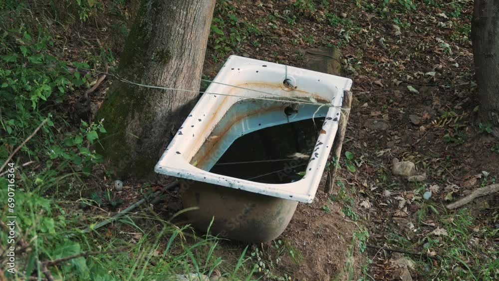 A metal trough in the forest filled with water for animals. The Alps in the summer. A metal trough in the forest filled with water for animals. The Alps in the summer.