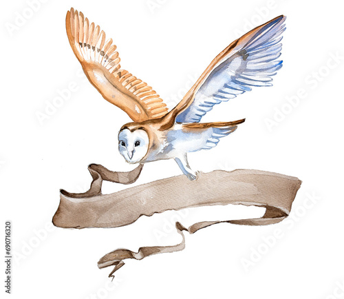 Flying owl with vintage banner. Watercolor hand painted wild bird design. Magical owl with flag illustration. Wizard themed clipart isolated on a white background.