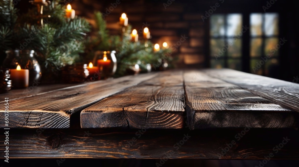 Empty wooden table with Christmas decoration. Copy paste place. AI generated