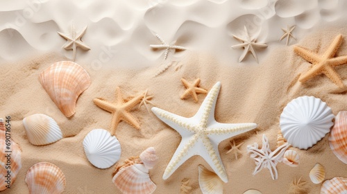 beauty of starfish and shells with sand as a background, evoking the tranquility of a beach vacation. Perfect for promoting summer and tropical themes.