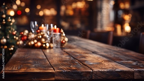 Empty wooden table with Christmas decoration on kitchen background. Copy paste place. AI generated © tanchy25
