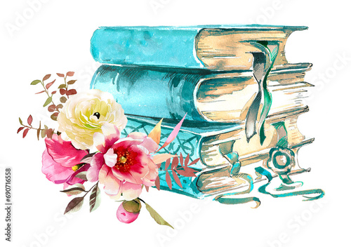 Fototapeta Naklejka Na Ścianę i Meble -  Watercolor hand painted book stack with flowers illustration isolated on a white background.Books design.Student concept design.