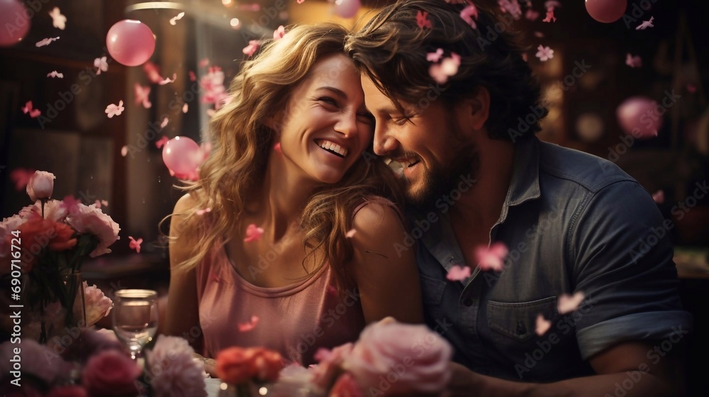 Inlove couple looking at each other surrounded by flowers in restaurant. AI generated