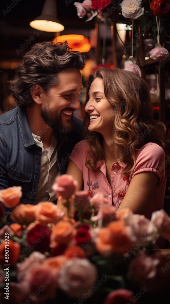 Inlove couple looking at each other surrounded by flowers in restaurant. AI generated
