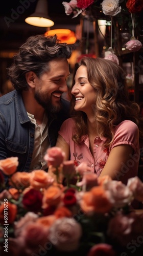 Inlove couple looking at each other surrounded by flowers in restaurant. AI generated photo