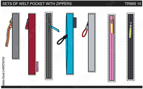 SET OF WELT POCKETS WITH ZIPPERS VECTOR ILLUSTRATION