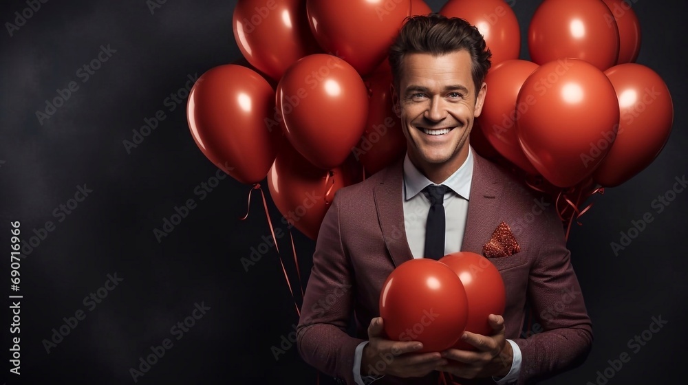 Portrait of business man on balloon background. Card with congratulations for birthday, woman's day, valentine's day. AI generation Portrait of business man on balloon background. Card with congratulations for birthday, woman's day, valentine's day. AI generation