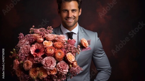 Man in wedding suit with beautiful flowers bouquet.
Portrait with ai generation