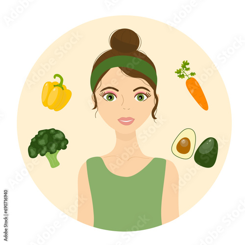Healthy nutrition. Girl with vegetables, broccoli, avocado, carrot, yellow pepper. Vector illustration, flat style.