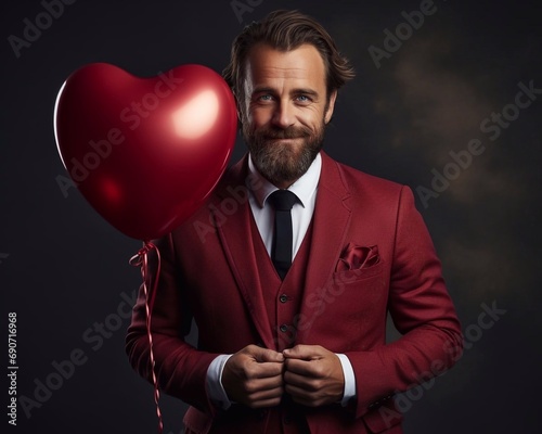 Beautiful man with airbal shape heart on dark background. Man in red business suit holding balloon for congratulation with valentane's day, birthday, woman's day. AI generated