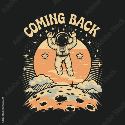 2d t shirt vector illustration astronaut  rocket space fire smoke color moon space color 
