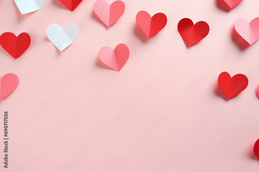 paper red and white hearts on a pink background with copy space. 
