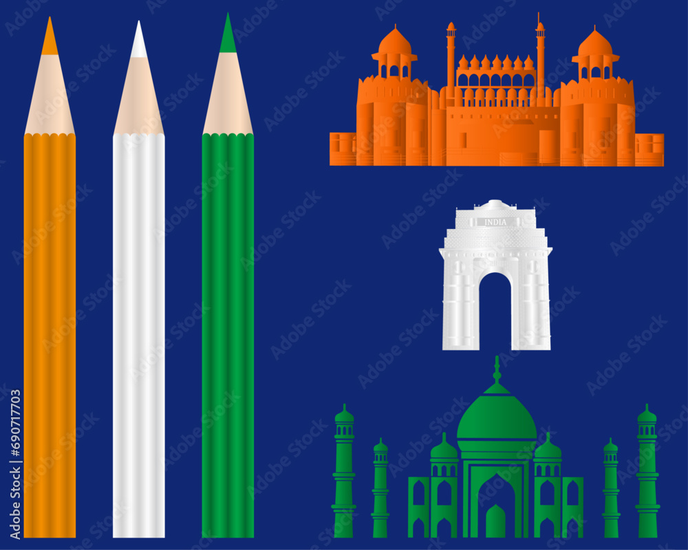 Indian, Taj Mahal, Lal Kila, Gate, in, Delhi, 26 January, Republic Day, Indian Independence Day theme, Vector, Indian flag background,