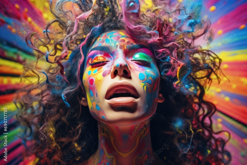 Vibrant body art on woman against multicolored abstract background. Creativity and makeup.