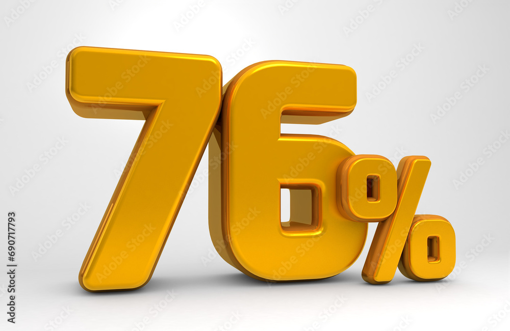 Golden 76% 3d isolated on white background. 76% off 3D. 76% mega sale. Sale of special offers. 3d rendering. Golden 76% 3d isolated on white background. 76% off 3D. 76% mega sale. Sale of special offers. 3d rendering.