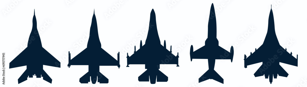 Black, airplane, icon, collection, Set of black plane, silhouette, icon, material, Black airplanes,  jet fighter, - obrazy, fototapety, plakaty 
