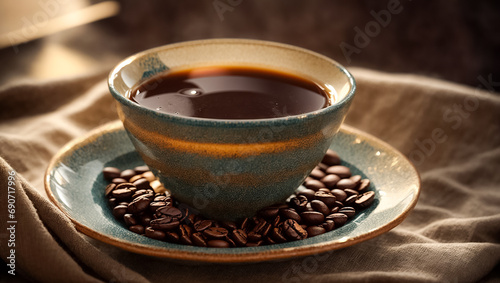 Cup of coffee with beans on the table morning