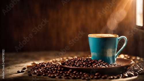 Cup of coffee with beans on the rustic table