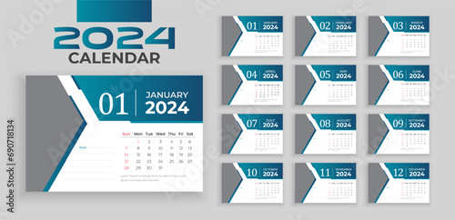 Desk Calendar design for 2024. week starts on Sun. Set of 12 calendar pages vector design print template with place for photo and company logo, editable vector illustration photo