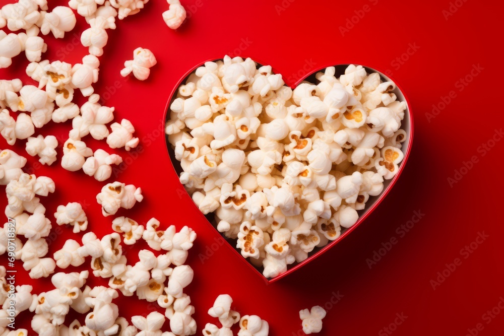 Tasty salted popcorn in heart-shaped striped cardboard box on the red background. Valentine's Day 14th February celebration, cinema romantic date concept. Top view. Mockup with copy space. Tasty salted popcorn in heart-shaped striped cardboard box on the red background. Valentine's Day 14th February celebration, cinema romantic date concept. Top view. Mockup with copy space.
