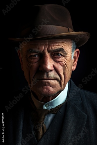 elderly gangster in a suit and hat posing very seriously in front of the camera
