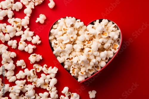 Tasty salted popcorn in heart-shaped striped cardboard box on the red background. Valentine's Day 14th February celebration, cinema romantic date concept. Top view. Mockup with copy space.