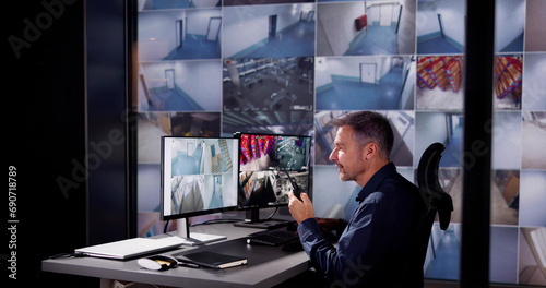 The Security Guard Monitors the CCTV System photo