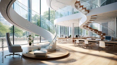 Modern office space with a sweeping glass staircase in the center.