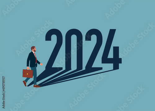 Businessman motivated for success with shadow of 2024 New Year. Leadership and superpower challenge.  Flat vector illustration