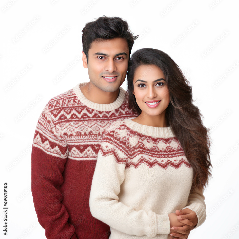 Young couple in warm wear standing on white background. Young couple in warm wear standing on white background.