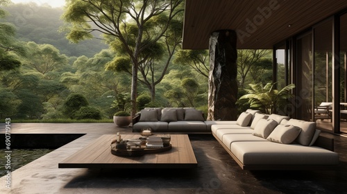 Modern villa terrace with cozy outdoor seating, overlooking a tranquil forest. © rizwana