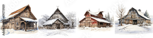 Snow covered barn Hyperrealistic Highly Detailed Isolated On Transparent Background Png File