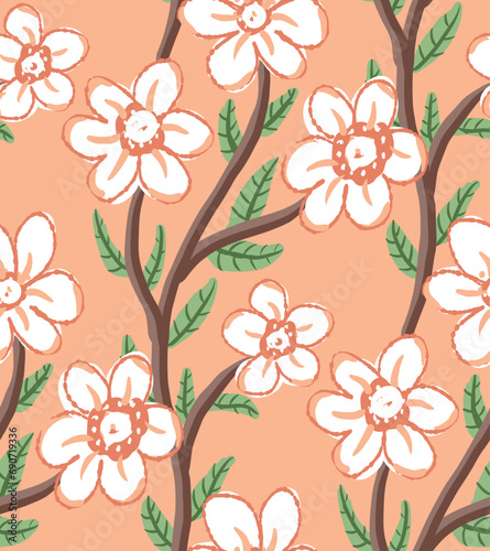 Seamless peach fuzz color cherry blossom pattern design vector. Color of the year 2024