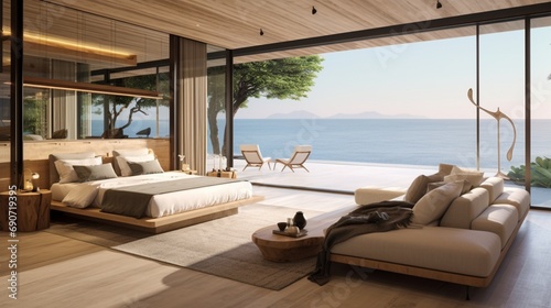 Open-concept living bedroom in a modern villa with floor-to-ceiling windows showcasing a beach view. © rizwana