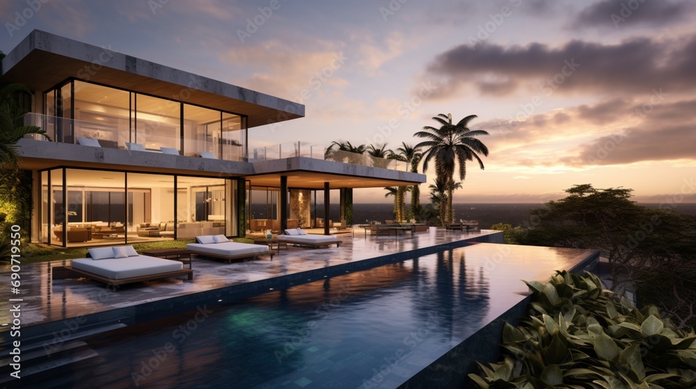 Panoramic capture of a sprawling luxurious villa, with the facade's glass windows reflecting the surrounding nature and an inviting infinity pool that merges with the skyline.