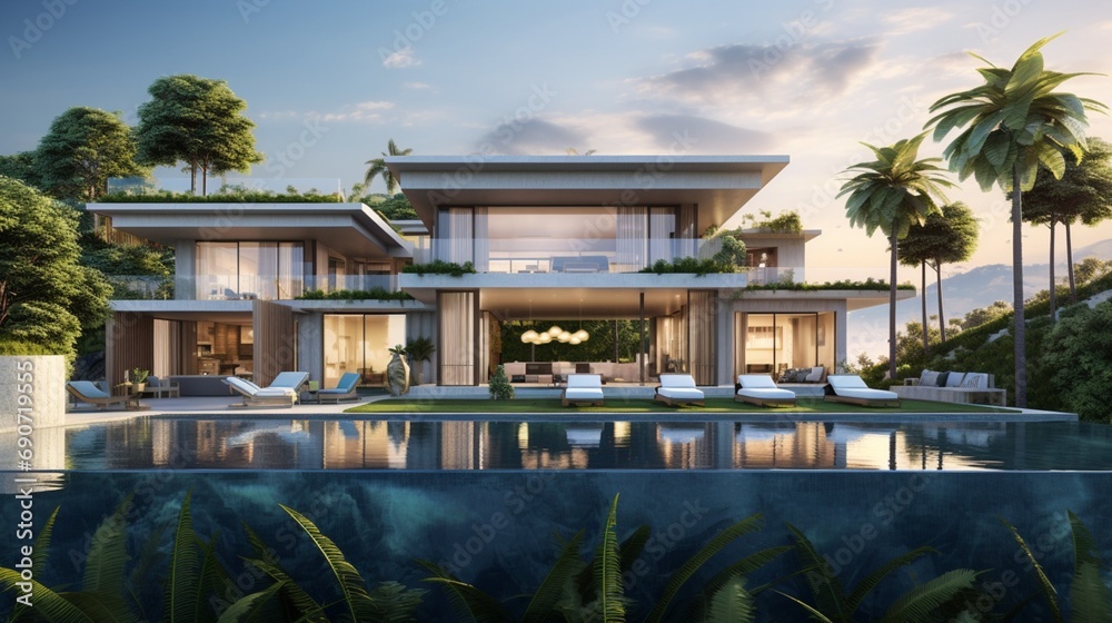 Panoramic capture of a sprawling luxurious villa, with the facade's glass windows reflecting the surrounding nature and an inviting infinity pool that merges with the skyline.
