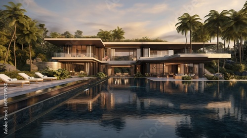 Panoramic capture of a sprawling luxurious villa, with the facade's glass windows reflecting the surrounding nature and an inviting infinity pool that merges with the skyline. © rizwana