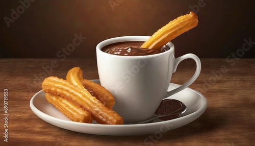 photograph of a cup of hot chocolate with churros