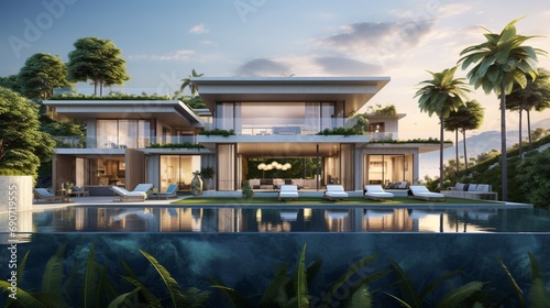 Panoramic capture of a sprawling luxurious villa  with the facade s glass windows reflecting the surrounding nature and an inviting infinity pool that merges with the skyline.
