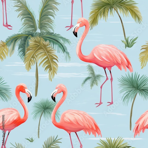 Seamless background with flamingos minimal detail minimalistic summer fresh lemon palm