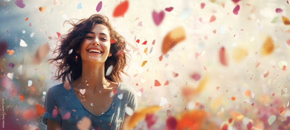 Happy smiling young woman standing under falling confetti - obrazy, fototapety, plakaty 