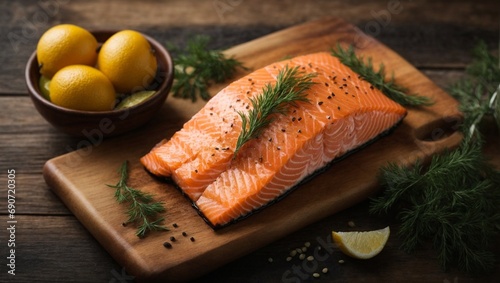 A Rustic Wooden Cutting Board with Freshly Cut Salmon and Zesty Lemons